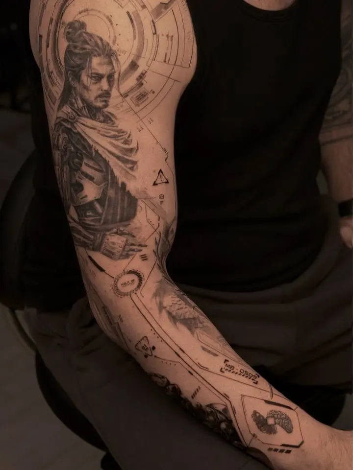 Рукав в графике — мастер Валерия Байкал, MAIN Tattoo, Санкт-Петербург