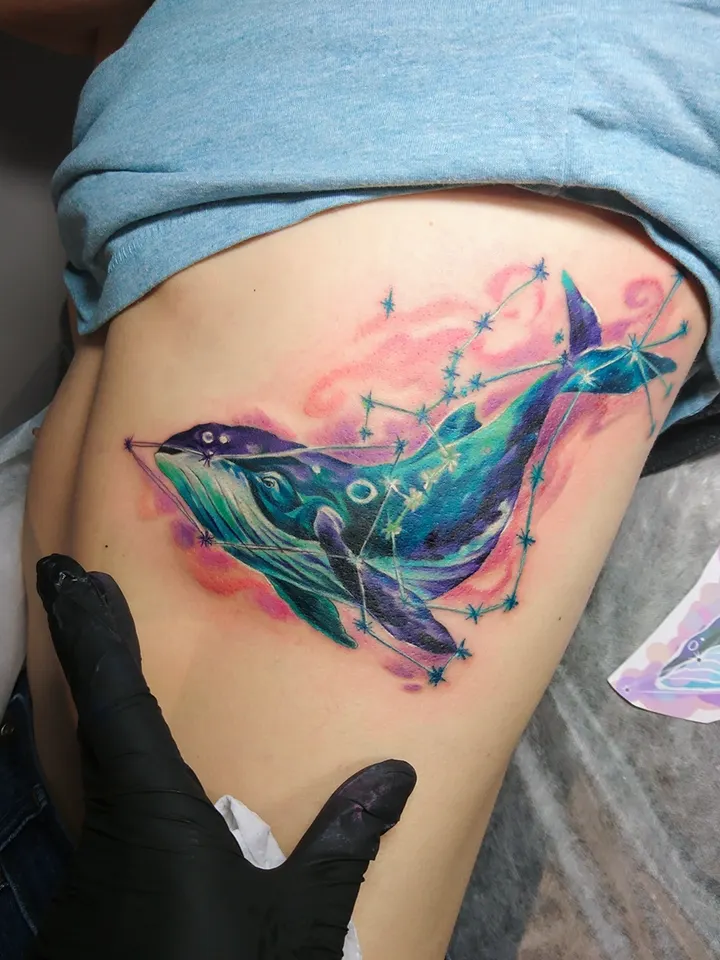 Кит: эскиз и готовая работа — мастер Княжна Наталья, MAIN Tattoo, Санкт-Петербург